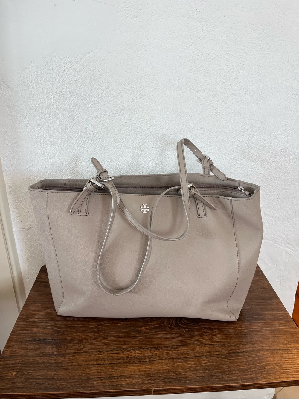 Tory Burch Taupe Leather Double-Handle Tote